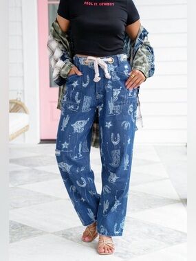 Cowboy Print Wide Leg Denim Pants - Blue